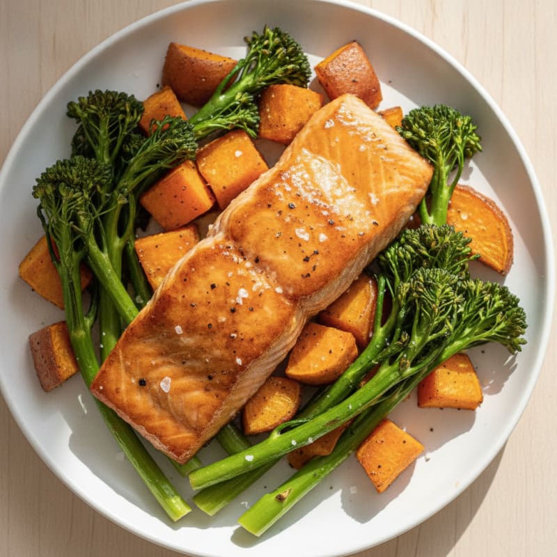 Glazed Salmon with Roasted Sweet Potatoes and Broccolini
