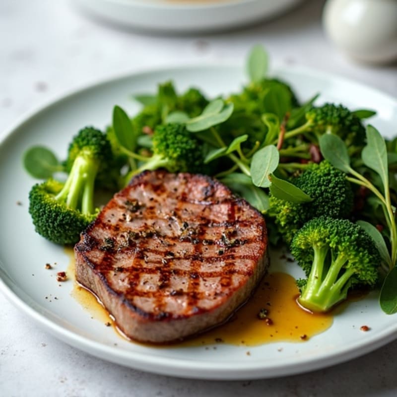 Seared Lean Beef with Roasted Broccoli and Baby Greens