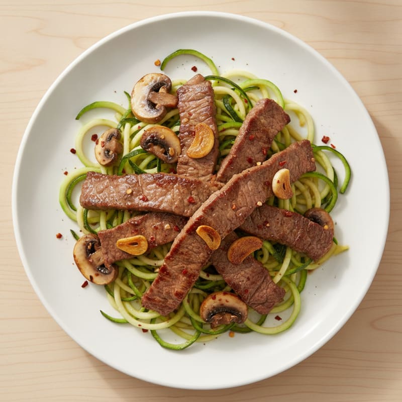 Seared Lean Beef Strips with Zucchini Noodles and Garlic Mushrooms
