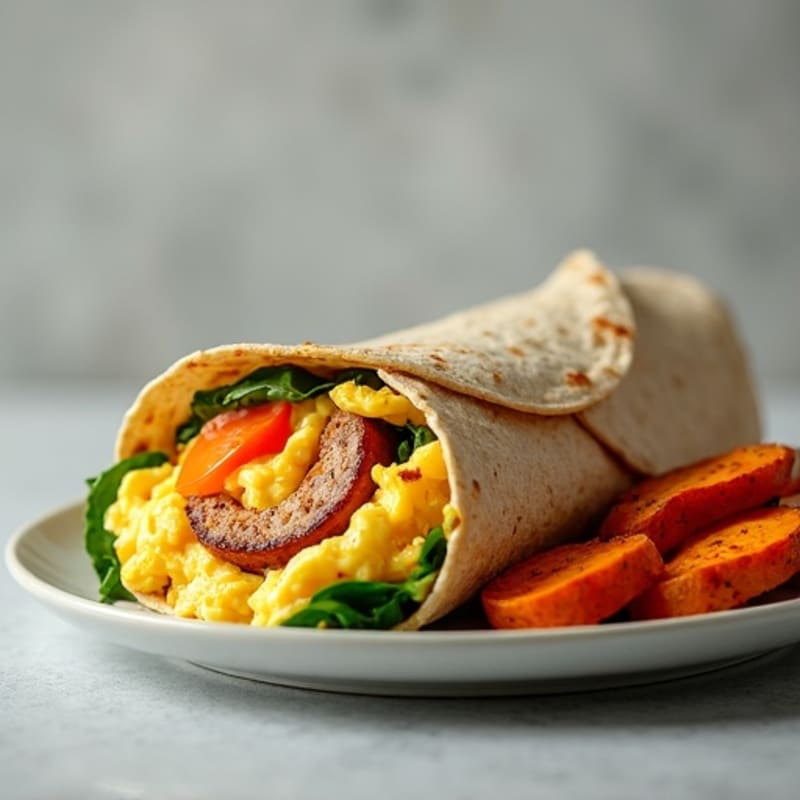 Protein-Packed Scrambled Egg and Lean Turkey Sausage Breakfast Burrito with Roasted Sweet Potatoes