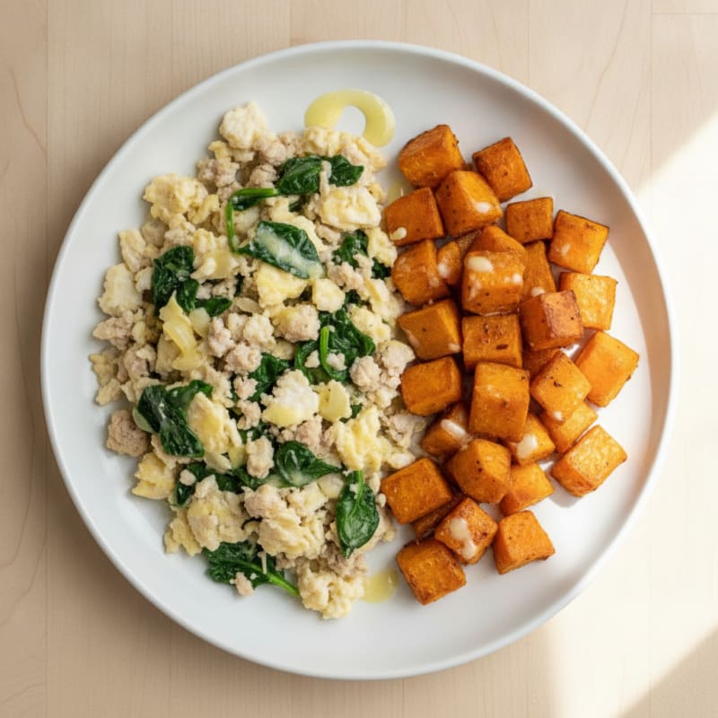Egg White and Turkey Spinach Scramble with Roasted Sweet Potato