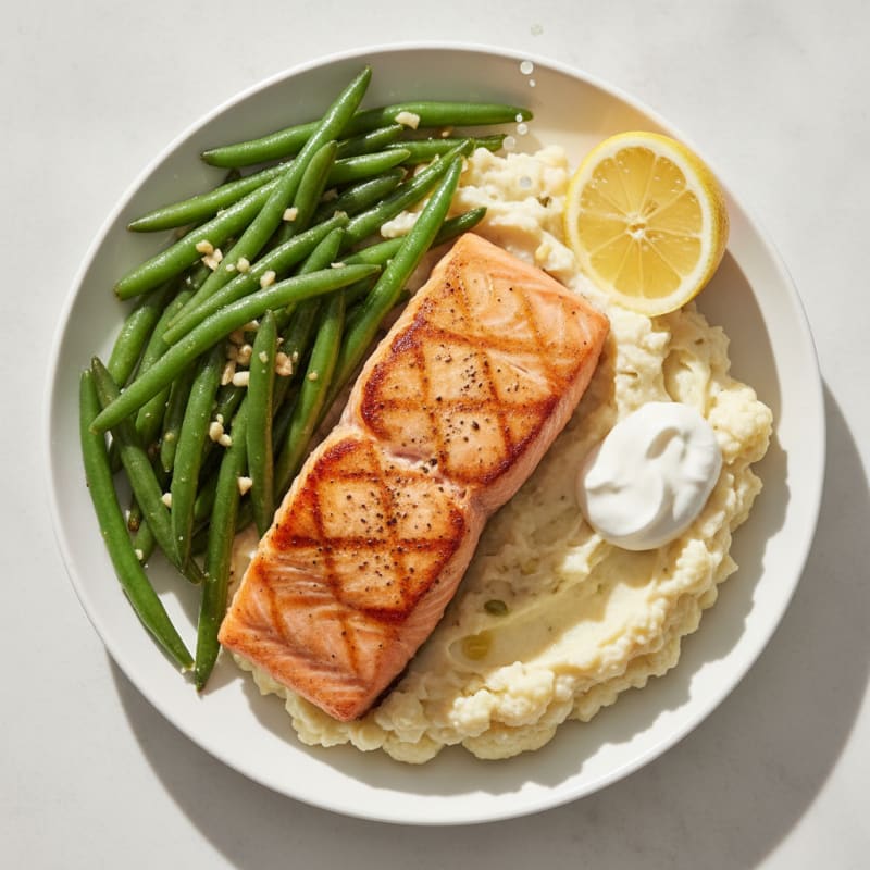 Seared Salmon with Garlic Green Beans and Mashed Cauliflower