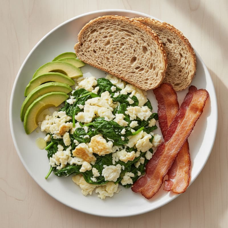 Crispy Turkey Bacon and Egg White Scramble with Sautéed Spinach