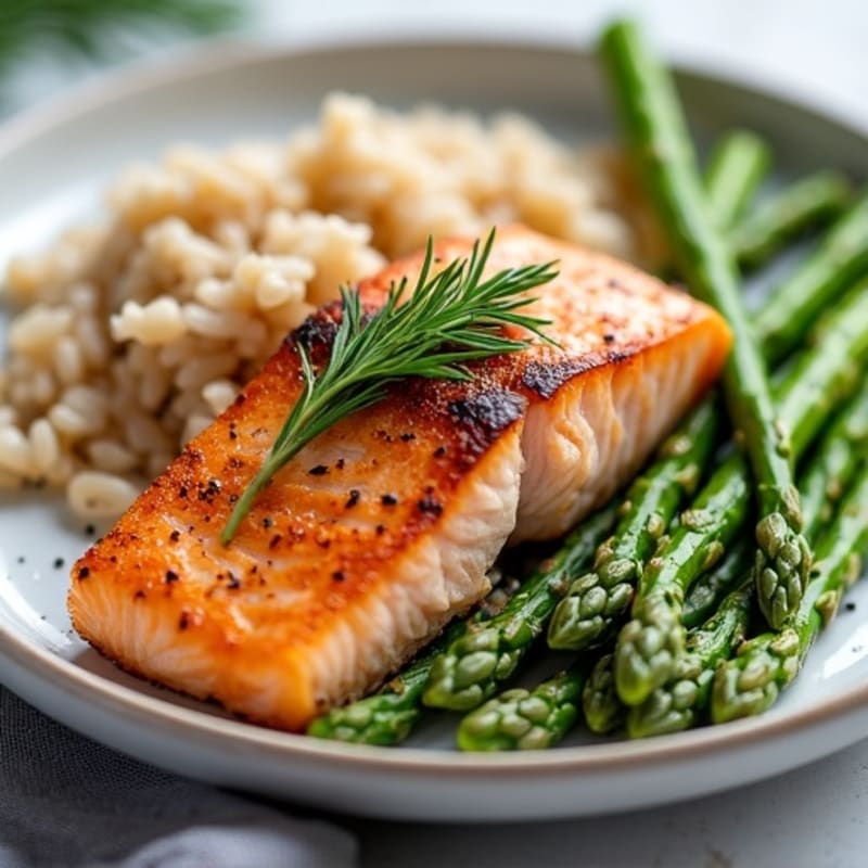 Seared Salmon with Steamed Asparagus and Brown Rice