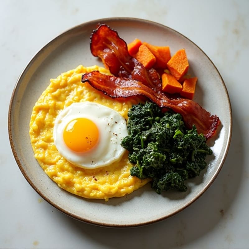 Crispy Turkey Bacon and Egg White Scramble with Sautéed Spinach and Sweet Potato Hash