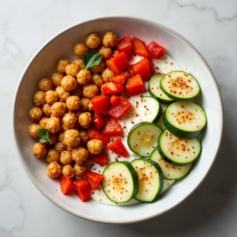 Creamy Cottage Cheese Bowl with Roasted Vegetables and Crispy Chickpeas