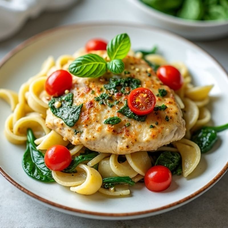 Creamy Pesto Chicken Pasta with Roasted Cherry Tomatoes and Spinach