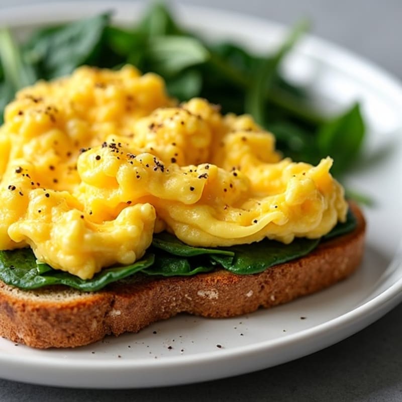 Protein-Rich Scrambled Eggs on Crispy Whole Wheat Toast with Sautéed Greens
