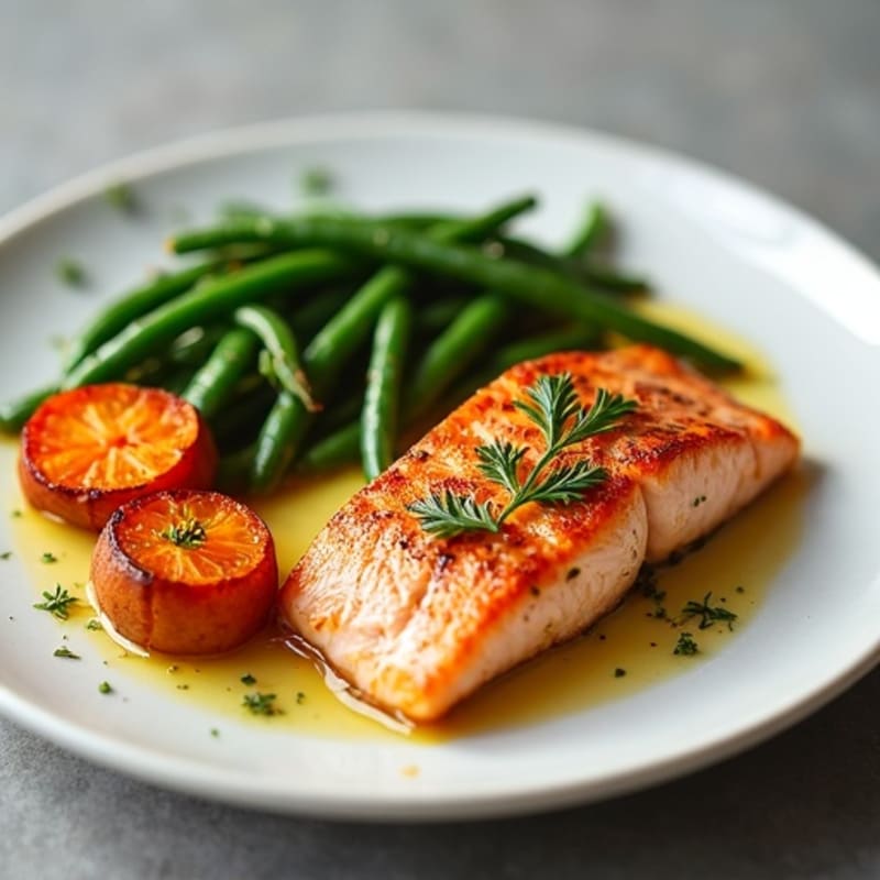 Seared Salmon with Roasted Sweet Potato and Green Beans