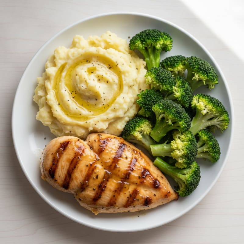 Grilled Chicken Breast with Steamed Broccoli and Mashed Potatoes