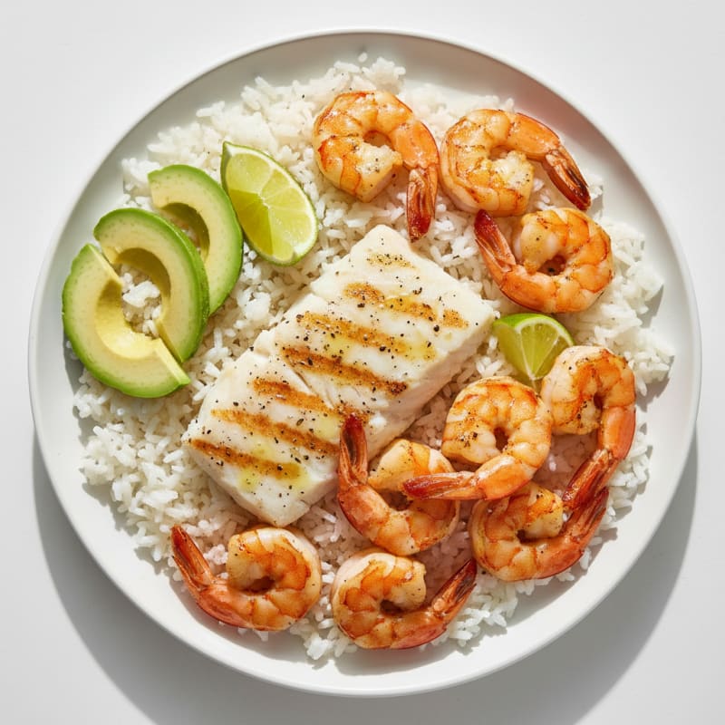 Grilled Shrimp and Fish Plate with Steamed White Rice