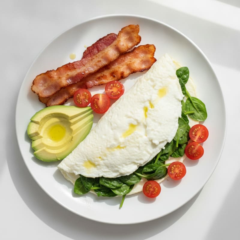 Egg White Spinach Omelette with Grilled Turkey Bacon