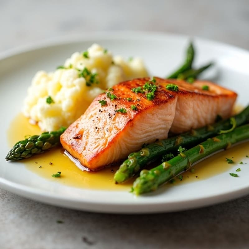 Seared Salmon with Steamed Asparagus and Mashed Cauliflower