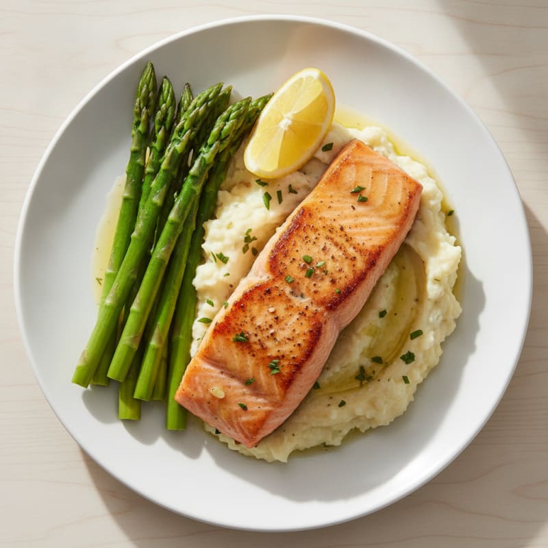 Seared Salmon Fillet with Steamed Asparagus and Garlic Mashed Cauliflower