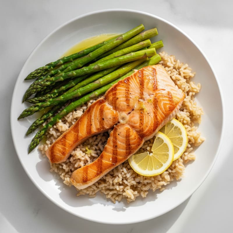 Seared Salmon Fillet with Steamed Asparagus and Brown Rice