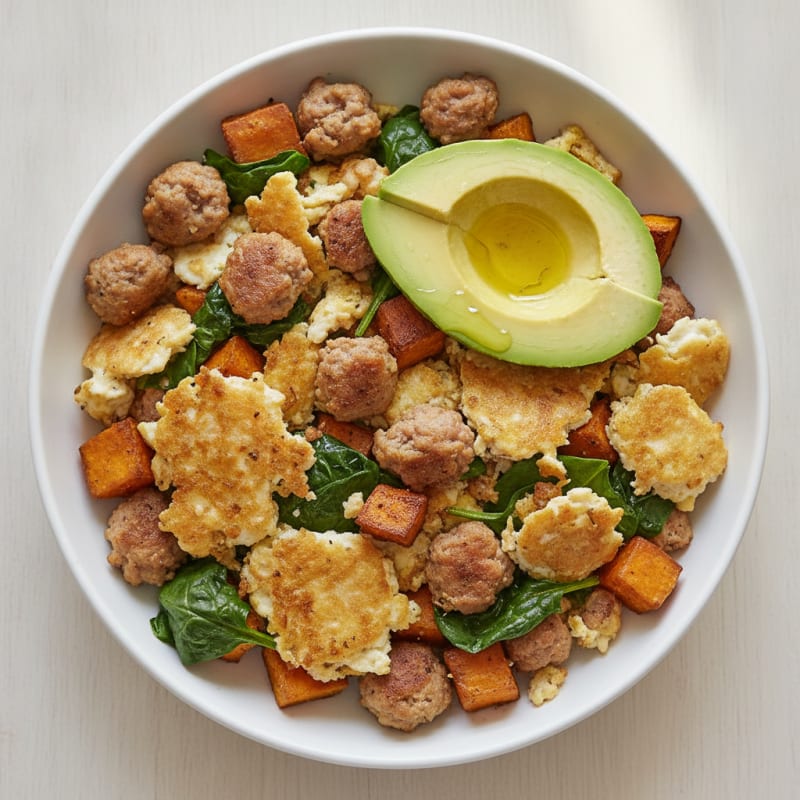 Crispy Egg White and Turkey Sausage Breakfast Bowl with Spinach