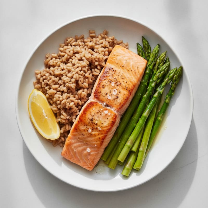 Seared Salmon with Steamed Asparagus and Brown Rice