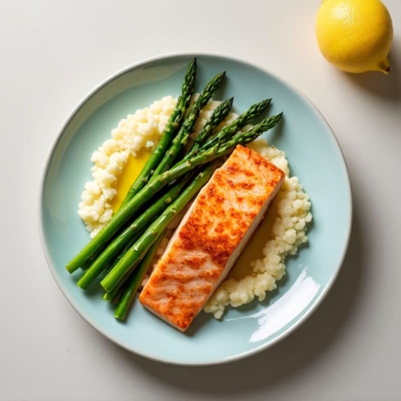 Seared Salmon with Steamed Asparagus and Cauliflower Mash