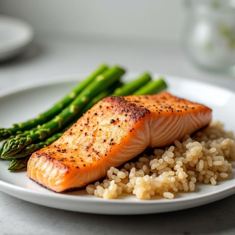 Seared Salmon with Steamed Asparagus and Brown Rice