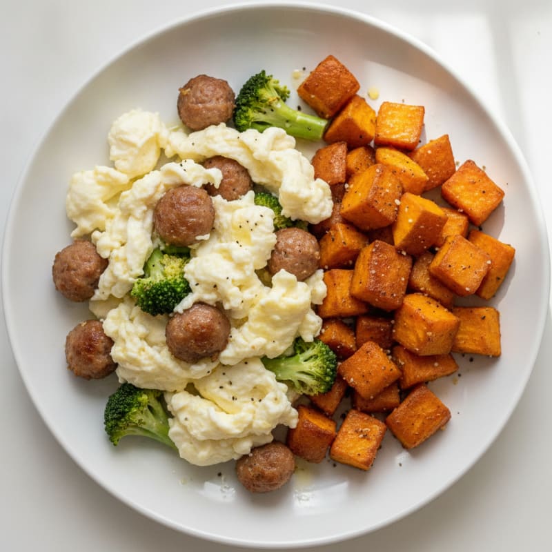 Egg White and Chicken Sausage Scramble with Roasted Sweet Potatoes