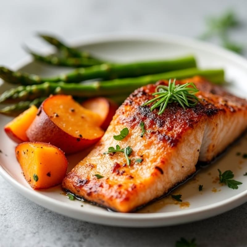 Crispy Baked Salmon with Roasted Asparagus and Sweet Potato