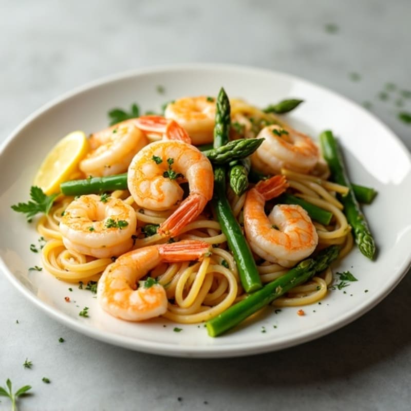 Lemon Garlic Shrimp Pasta with Fresh Herbs and Asparagus