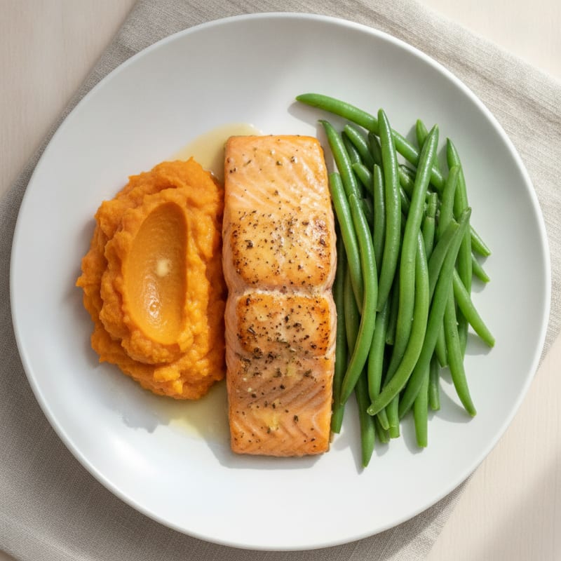 Baked Salmon Fillet with Steamed Green Beans and Sweet Potato Mash