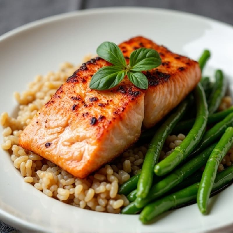 Seared Salmon Fillet with Garlic Green Beans and Brown Rice