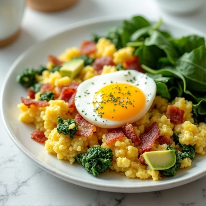 Cottage Cheese Egg Scramble with Spinach and Turkey Bacon