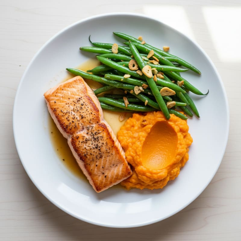 Seared Salmon with Garlic Green Beans and Sweet Potato Mash