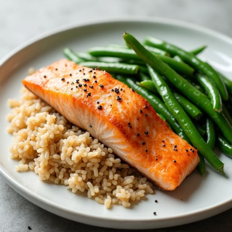 Seared Salmon Fillet with Garlic Green Beans and Brown Rice