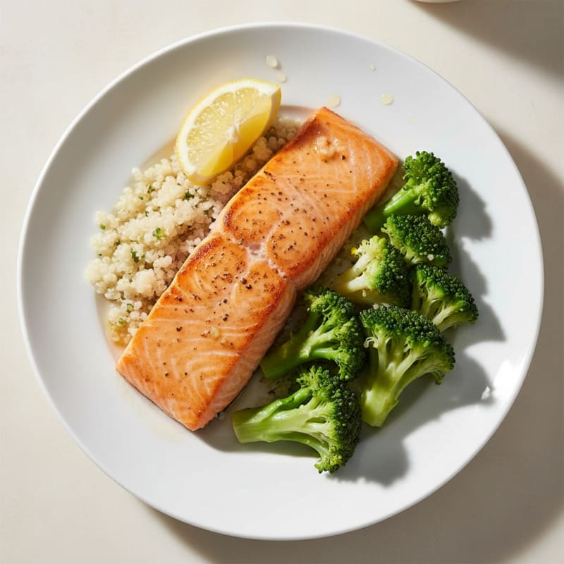 Seared Salmon Filet with Steamed Broccoli and Quinoa