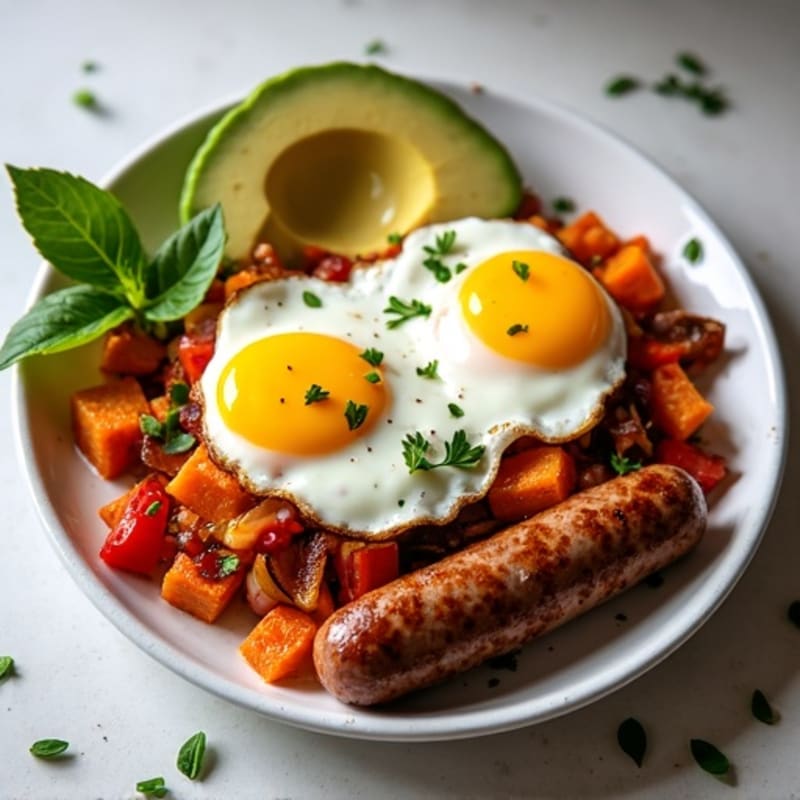 Crispy Sweet Potato Hash with Poached Eggs and Fresh Avocado