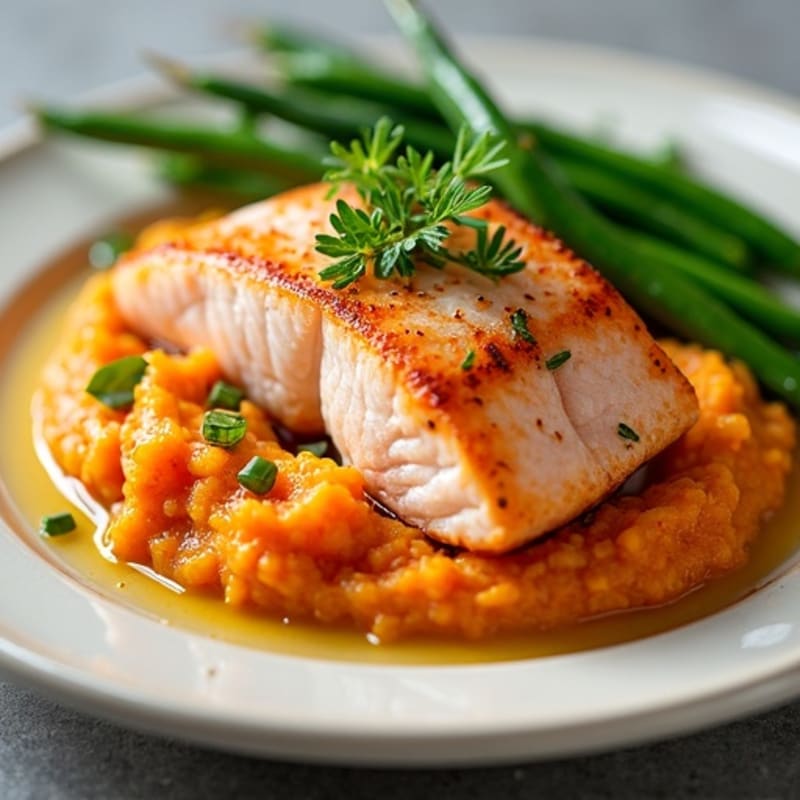 Seared Salmon Fillet with Steamed Green Beans and Sweet Potato Mash