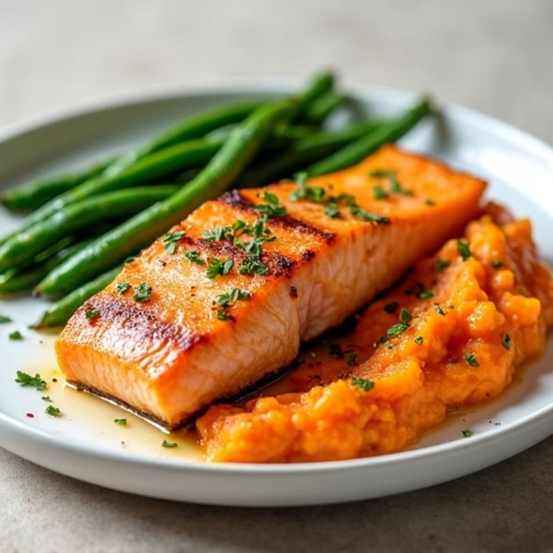 Seared Salmon with Garlic Green Beans and Sweet Potato Mash