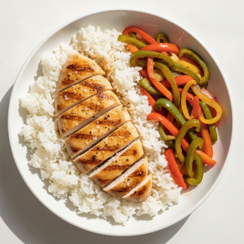 Grilled Chicken Breast with Steamed Rice and Sautéed Peppers