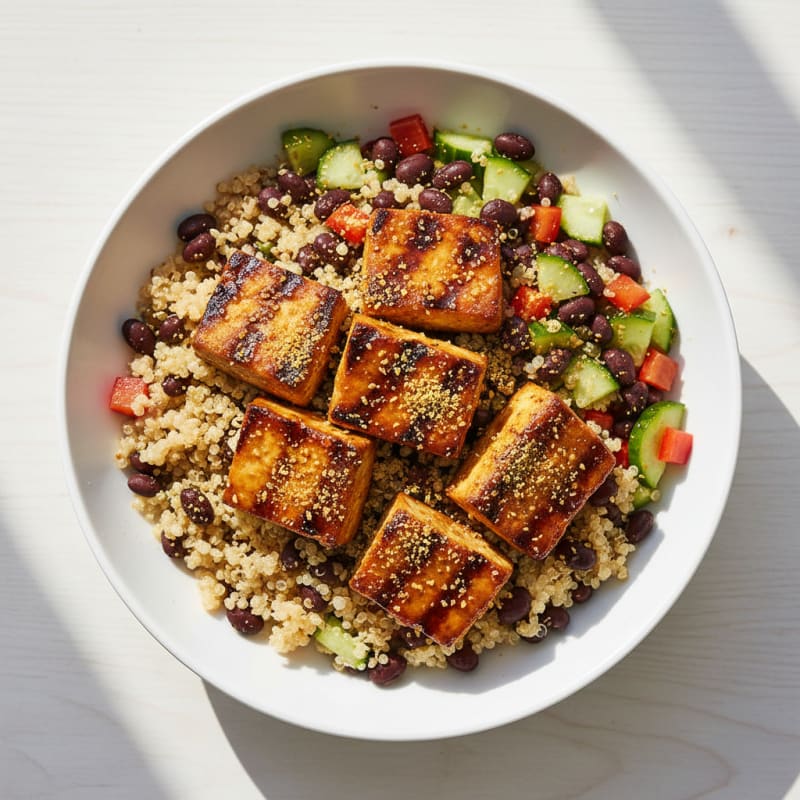 Grilled Tofu and Quinoa Bowl with Black Beans and Crunchy Veggies