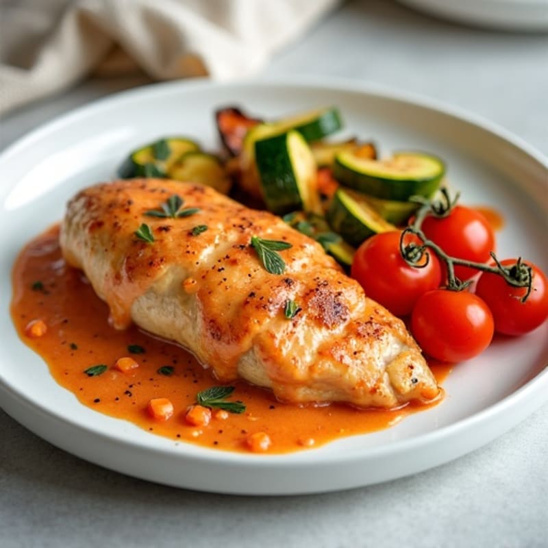 Creamy Tomato Spiced Chicken with Roasted Vegetables
