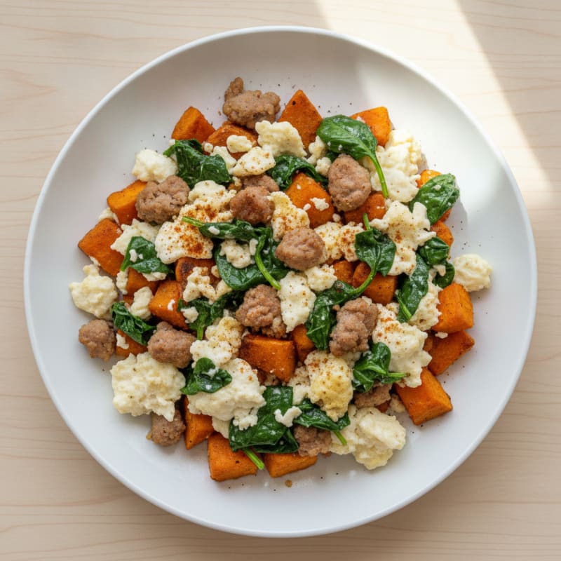 Egg White and Turkey Sausage Scramble with Spinach and Roasted Sweet Potato
