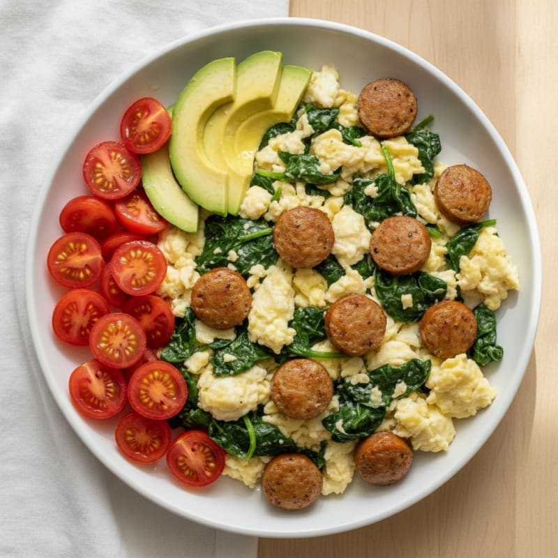 Egg White and Spinach Scramble with Turkey Sausage