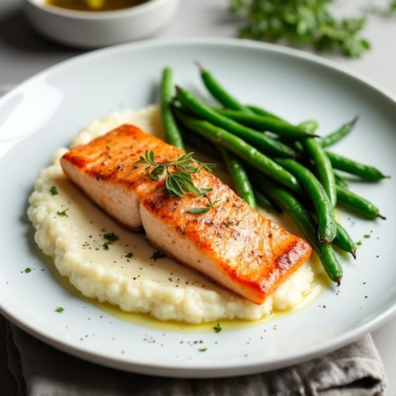 Seared Salmon with Garlic Green Beans and Cauliflower Mash