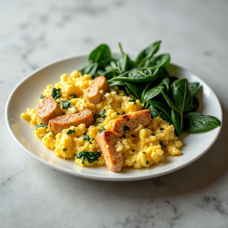 Egg White Scramble with Turkey Sausage and Sautéed Spinach