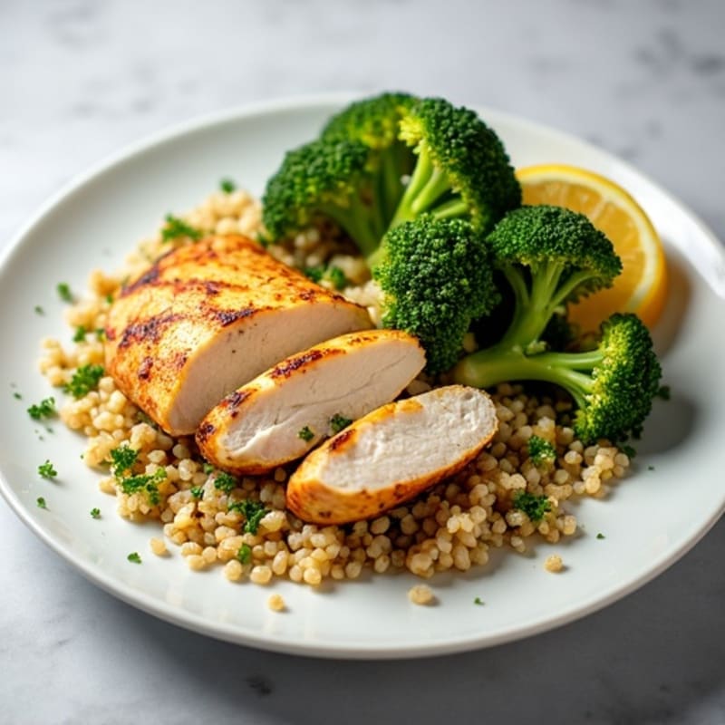 Grilled Chicken Breast and Quinoa Salad with Roasted Broccoli