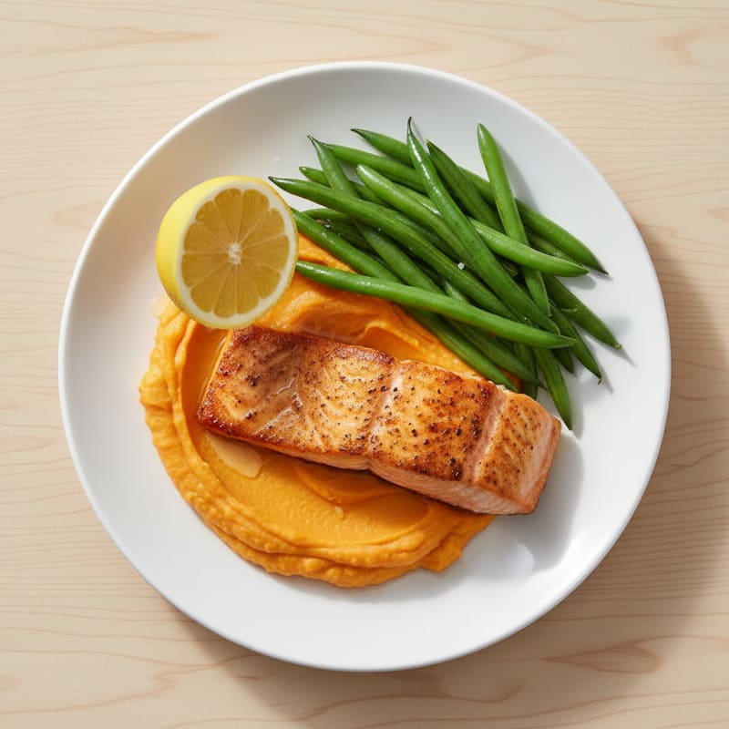 Seared Salmon with Steamed Green Beans and Sweet Potato Mash