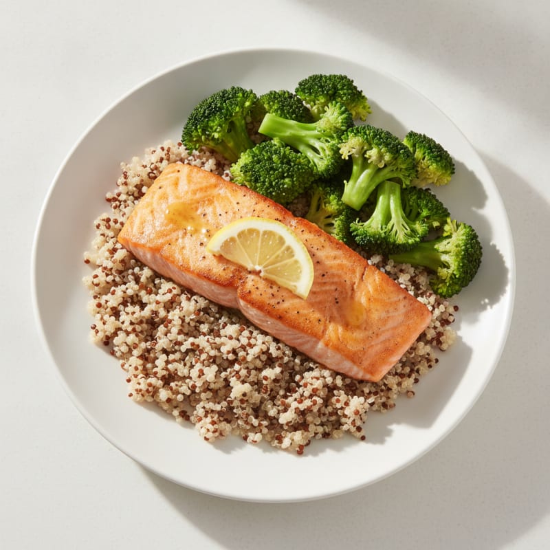 Seared Salmon with Steamed Broccoli and Quinoa