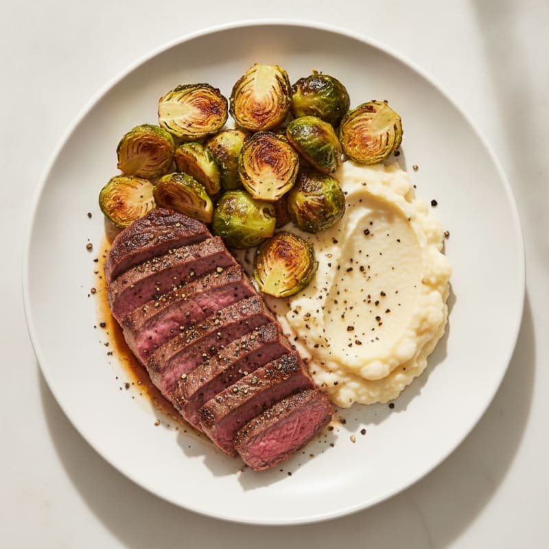 Seared Lean Beef Steak with Roasted Brussels Sprouts and Cauliflower Mash