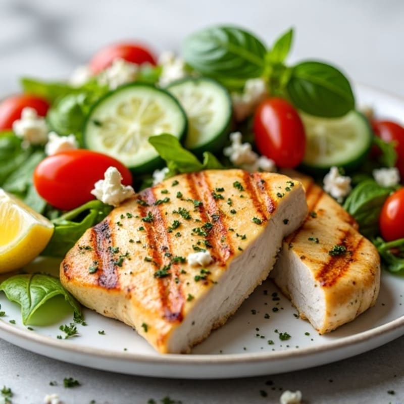 Lemon-Herb Grilled Chicken with Fresh Vegetable Salad and Creamy Feta Dressing