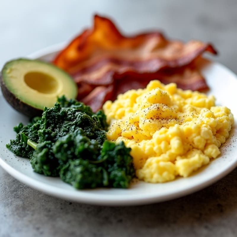 Crispy Bacon and Fluffy Scrambled Eggs with Fresh Avocado and Sautéed Spinach