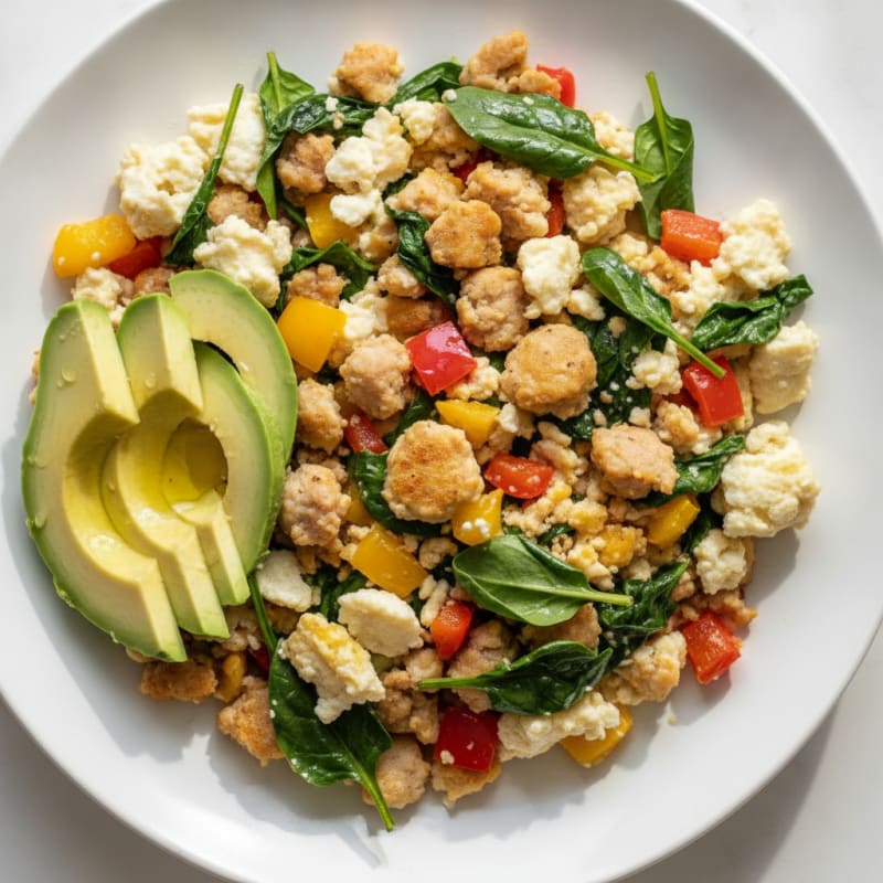 Egg White and Turkey Sausage Scramble with Spinach and Bell Peppers