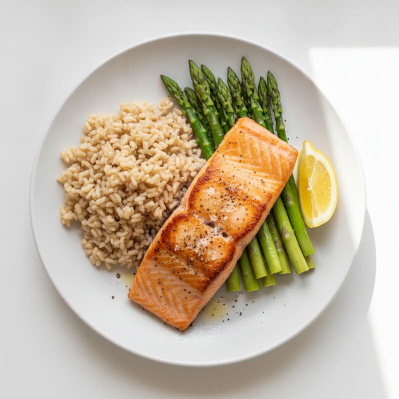 Seared Salmon with Steamed Asparagus and Brown Rice